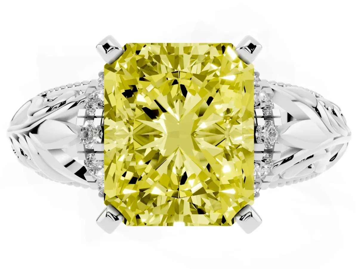 Fancy Yellow Radiant Cut Solitaire Filigree Engagement Ring with Halo and Prong Setting Platinum