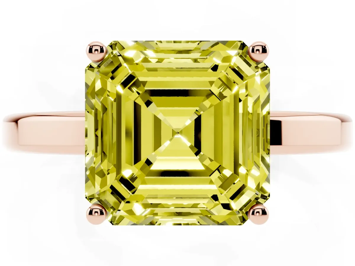 Fancy Yellow Asscher Cut Cut Solitaire Engagement Ring with Four-Prong Setting on a Classic Band Rose gold