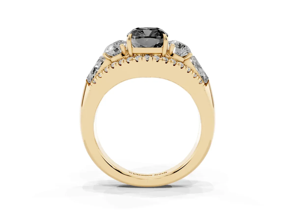 Fancy Black Three-Stone Cushion Cut Diamond Engagement Ring with Pave Band and Prong Setting Yellow gold