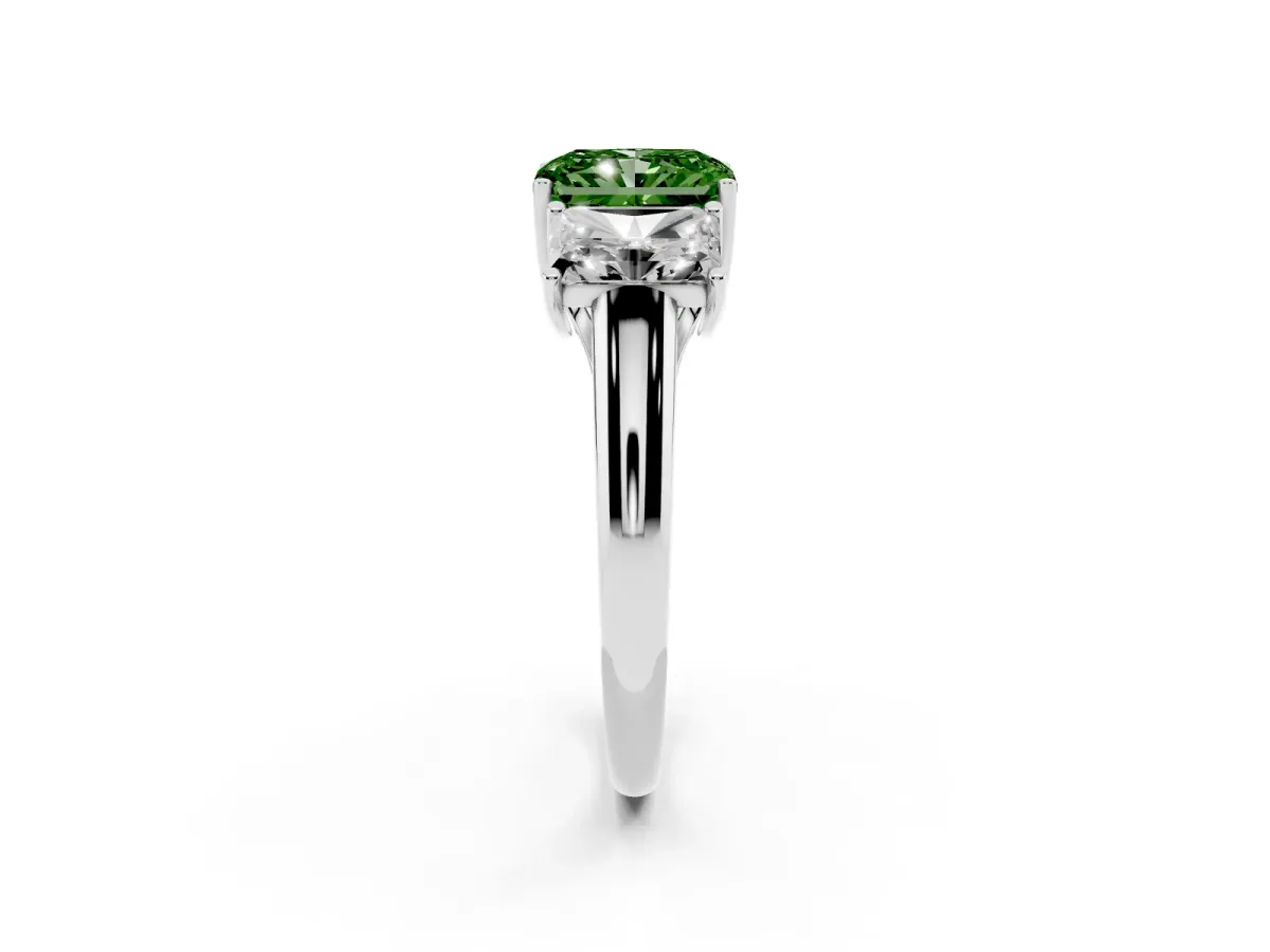 Fancy Green Three-Stone Radiant Cut Diamond Engagement Ring with Prong Setting White gold