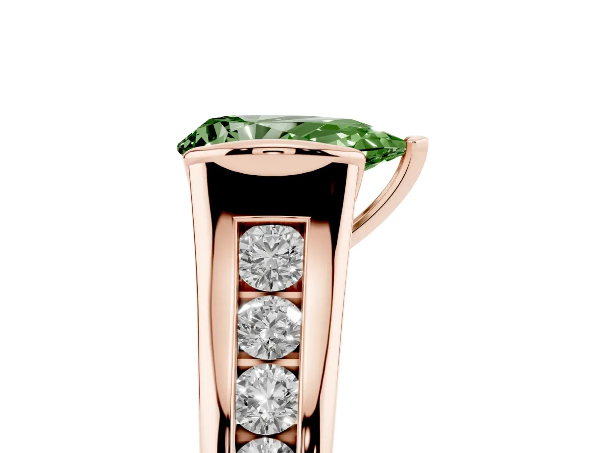 Fancy Green Pear Cut Solitaire Bezel-Set Diamond Ring with Channel-Set Band Rose gold
