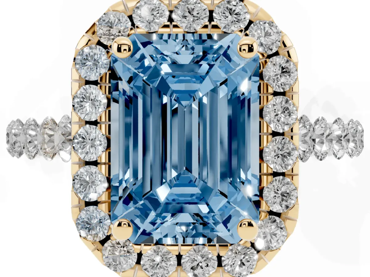 Fancy Blue Emerald Cut Halo Pavé Diamond Engagement Ring with Four-Prong Setting Yellow gold