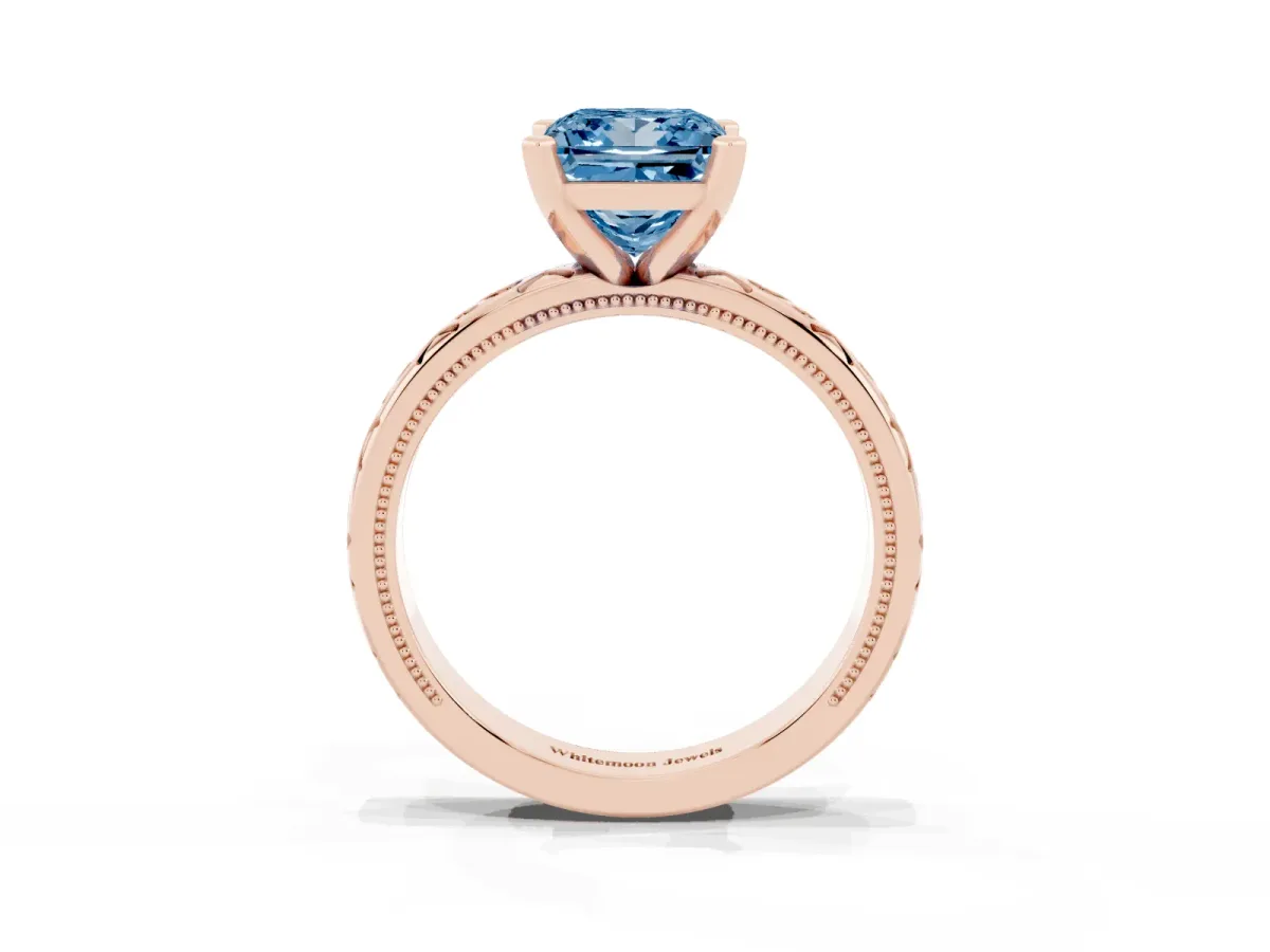 Fancy Blue Princess Cut Solitaire Engagement Ring with Scrollwork Band and Four-Prong Setting Rose gold