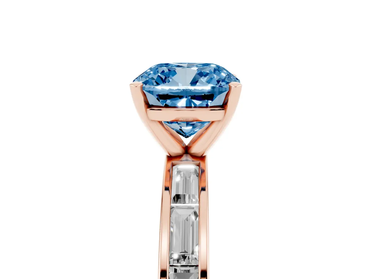 Fancy Blue Cushion Cut Solitaire Diamond Ring with Channel-Set Baguette Band and Four-Prong Setting Rose gold