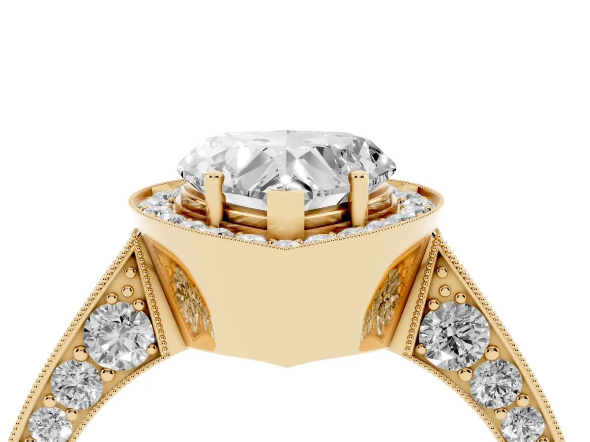 Heart Cut Halo Diamond Engagement Ring with Split Shank Band and Four-Prong Setting Yellow gold