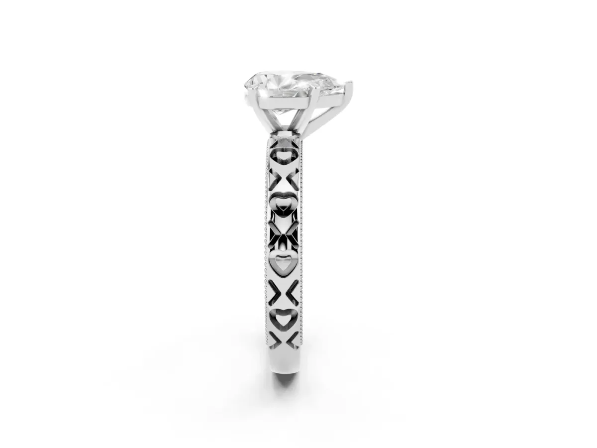 Pear Cut Solitaire Diamond Engagement Ring with XO Engraved Band and Four-Prong Setting White gold