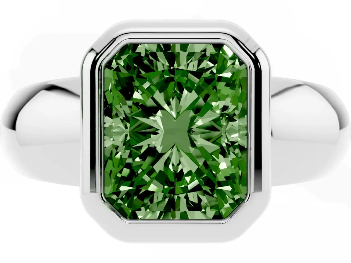 Fancy Green Bezel Set Radiant Cut Solitaire Ring with Wide Band Silver