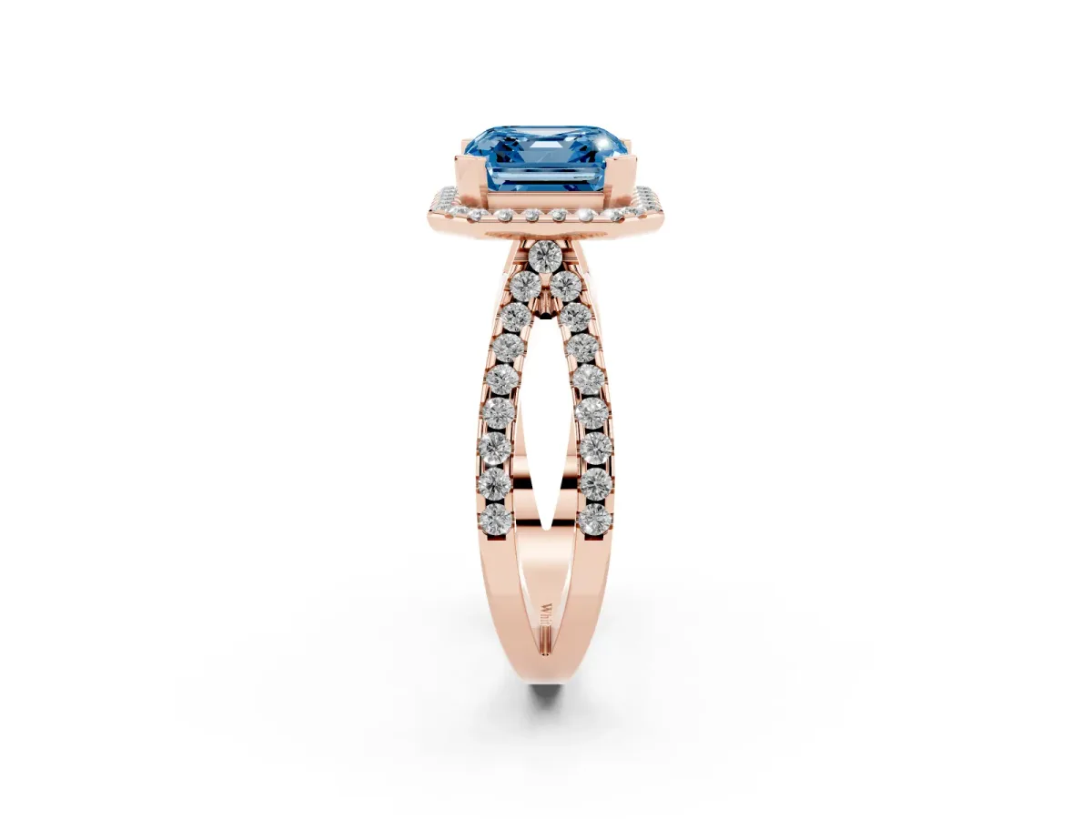 Fancy Blue Asscher Cut Diamond Halo Ring with Split Shank Pavé Band and Prong Setting Rose gold