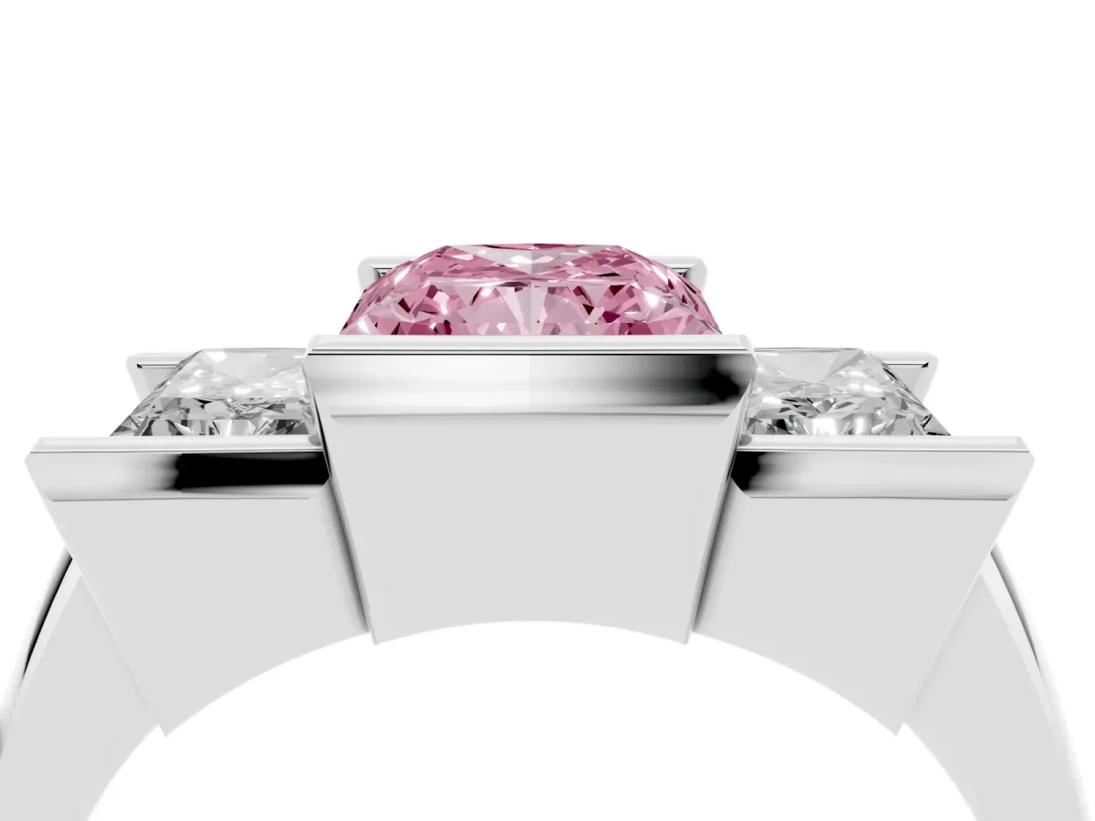 Fancy Pink Three Stone Radiant Cut Cut Channel Set Diamond Ring Platinum