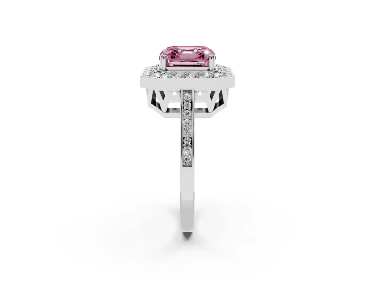 Fancy Pink Asscher Cut Diamond Halo Ring with Split Shank and Four-Prong Setting Silver