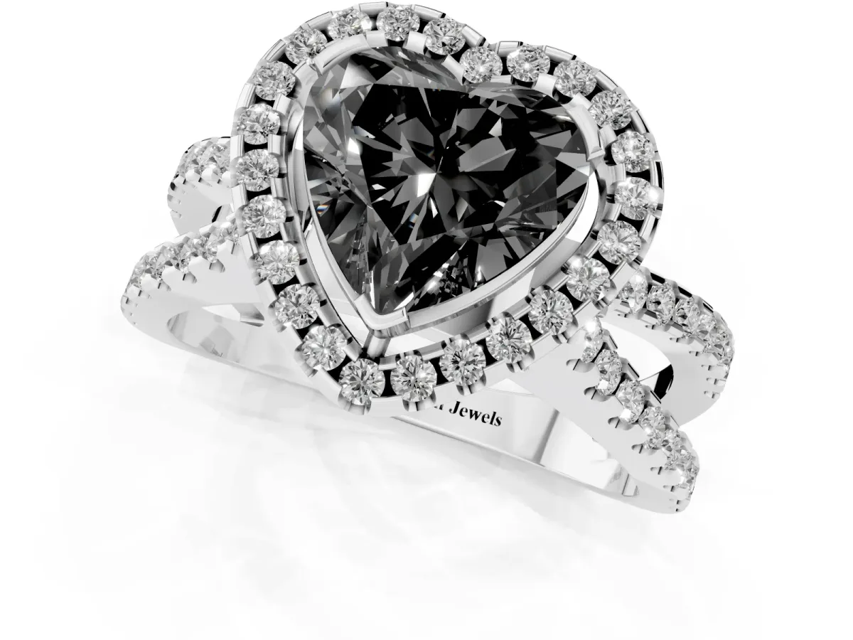 Fancy Black Heart Cut Diamond Halo Ring with Split Shank Pavé Band and Prong Setting White gold
