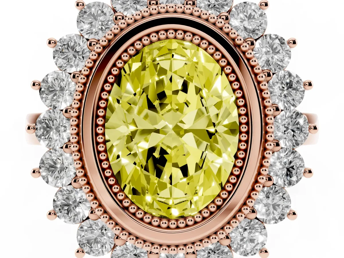 Fancy Yellow Oval Cut Halo Diamond Ring with Milgrain Edge and Round Prong Setting Rose gold