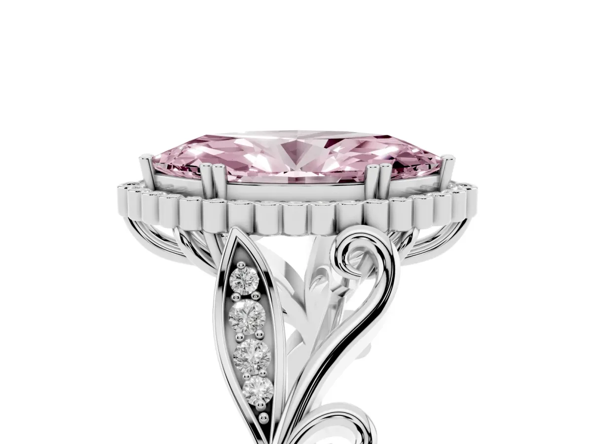Fancy Pink Marquise Cut Diamond Halo Ring with Vintage Split Shank and Four-Prong Setting Platinum