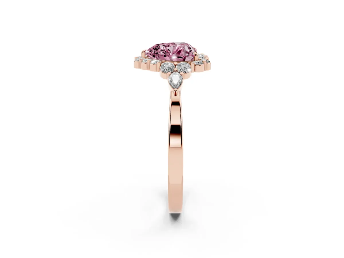 Fancy Pink Heart Cut Diamond Halo Ring with Pear Side Stones and Prong Setting Rose gold