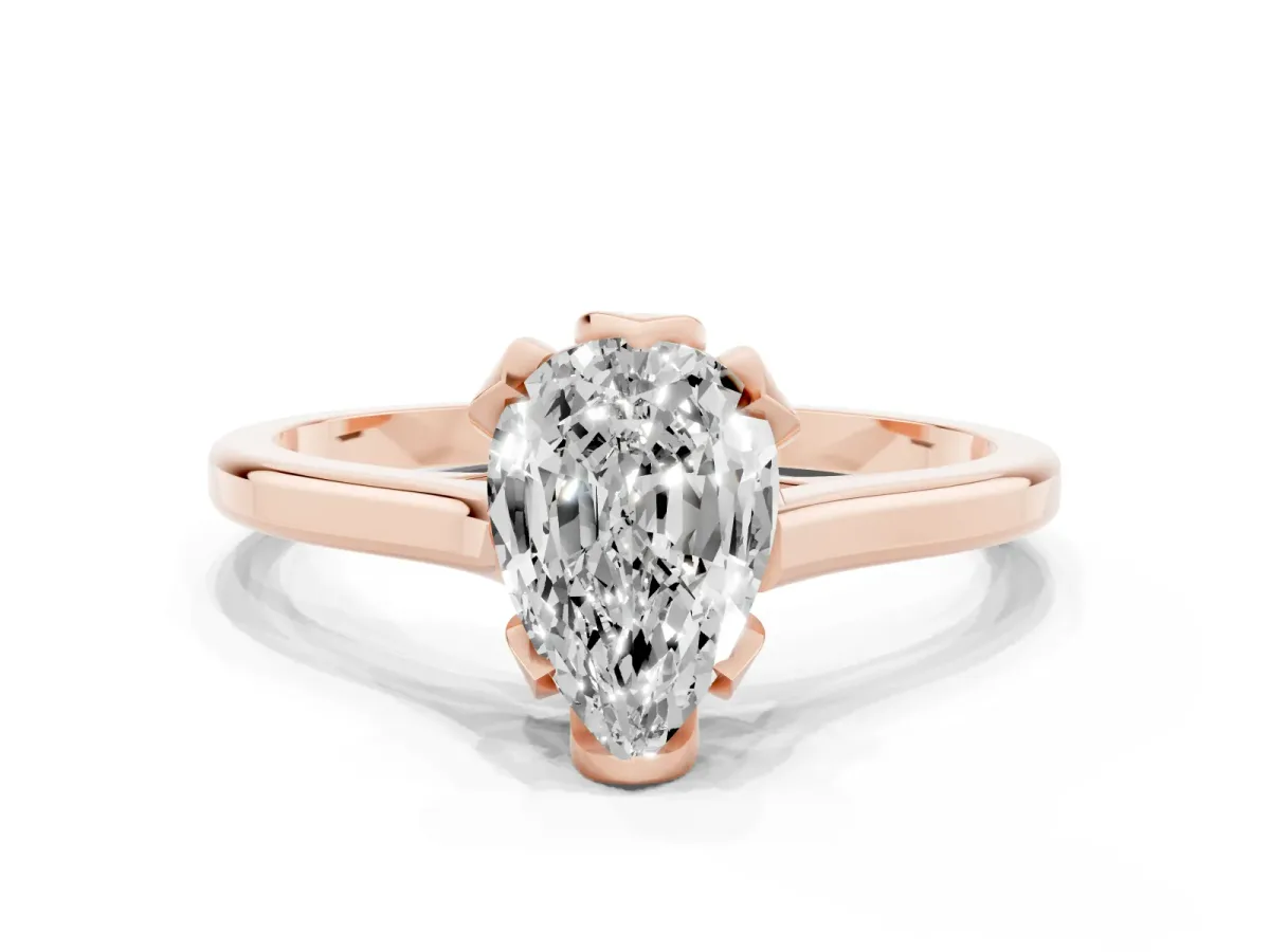 Pear Cut Diamond Solitaire Ring with Flower Prong Setting and Classic Band Rose gold