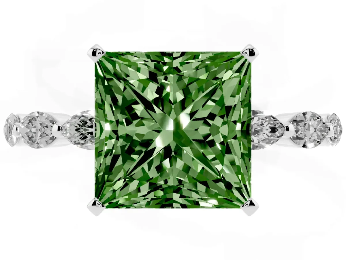 Fancy Green Princess Cut Diamond Ring with Marquise Side Stones and Prong Setting Platinum