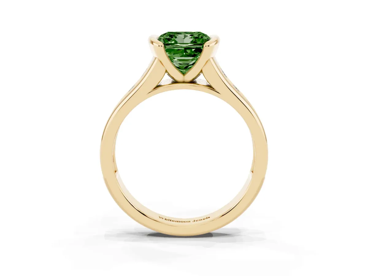 Fancy Green Princess Cut Solitaire Bezel-Set Diamond Ring with Channel-Set Band Yellow gold