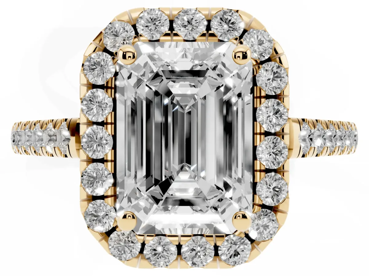 Emerald Cut Halo Pavé Diamond Engagement Ring with Four-Prong Setting Yellow gold