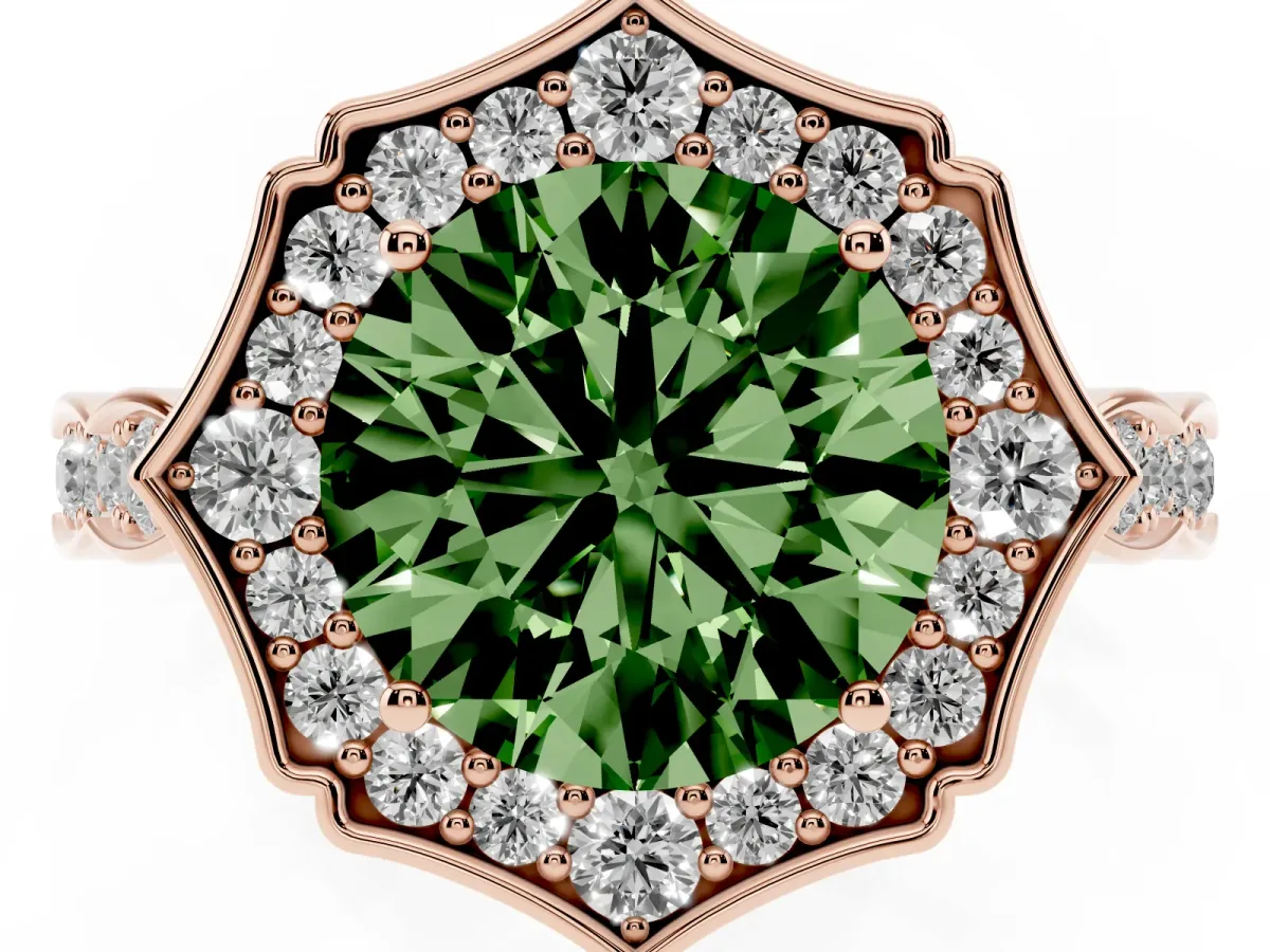 Fancy Green Round Cut Halo Diamond Engagement Ring with Milgrain Band and Four-Prong Setting Rose gold