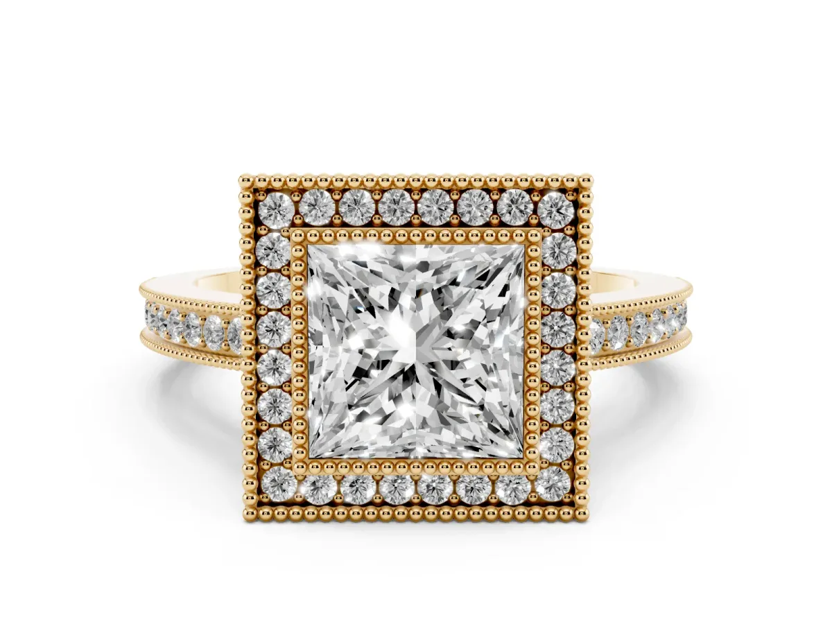 Princess Cut Cut Halo Diamond Ring with Pavé Band and Milgrain Prong Setting Yellow gold