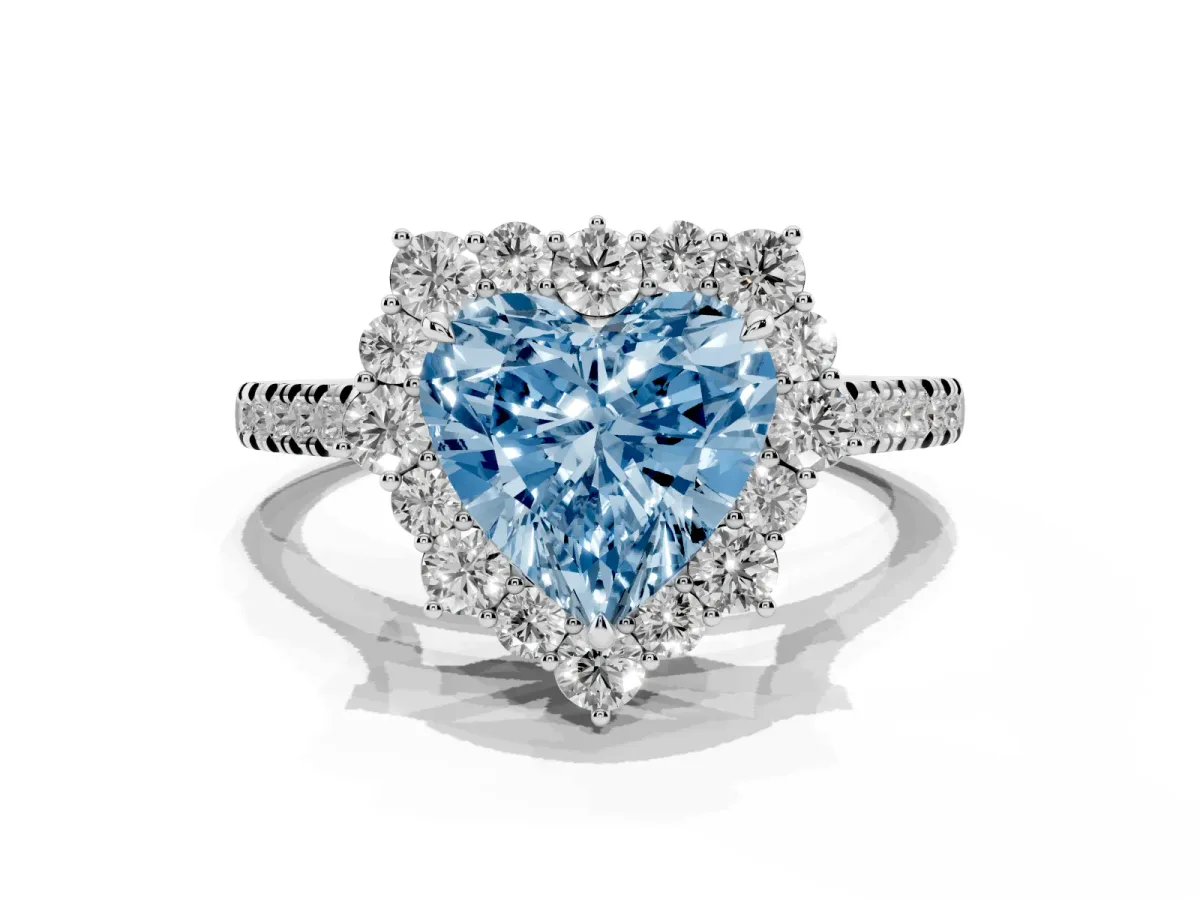 Fancy Blue Heart Cut Halo Diamond Ring with Pavé Band and Prong Setting Silver