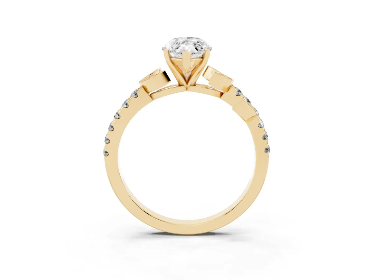 Marquise Cut Solitaire Leaf-Inspired Diamond Ring with Pavé Band and Four-Prong Setting Yellow gold