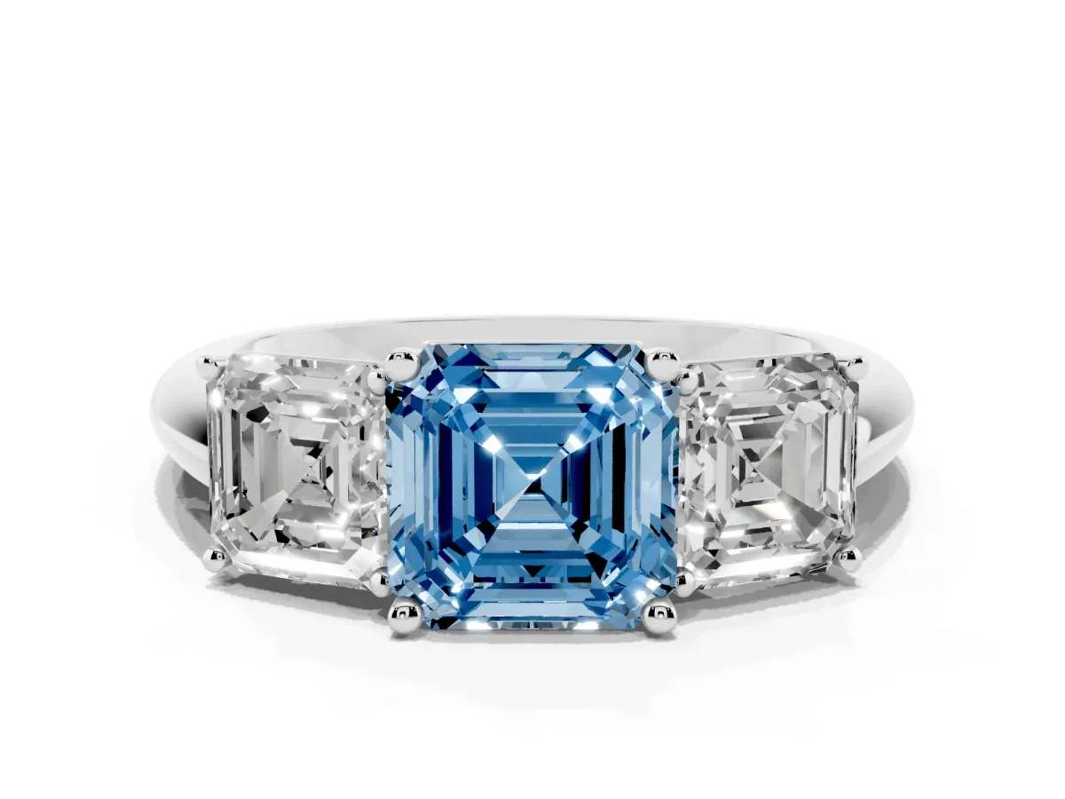 Fancy Blue Three-Stone Asscher Cut Cut Diamond Engagement Ring with Prong Setting on a White Gold Band White gold