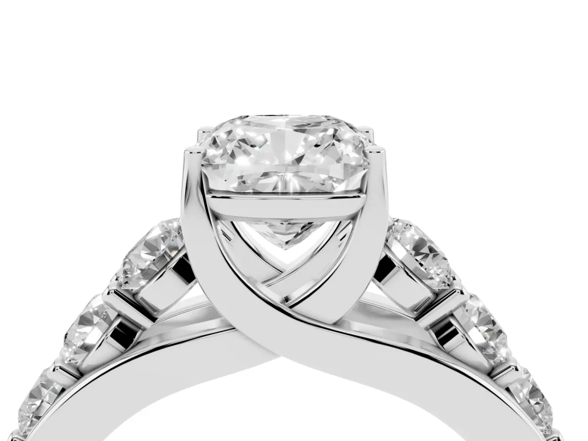 Cushion Cut Diamond Engagement Ring with Pavé Band and Four-Prong Setting Silver