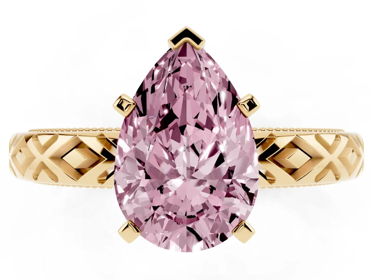 Fancy Pink Pear Cut Solitaire Diamond Ring with Milgrain and Black Enamel X Pattern Band Yellow gold