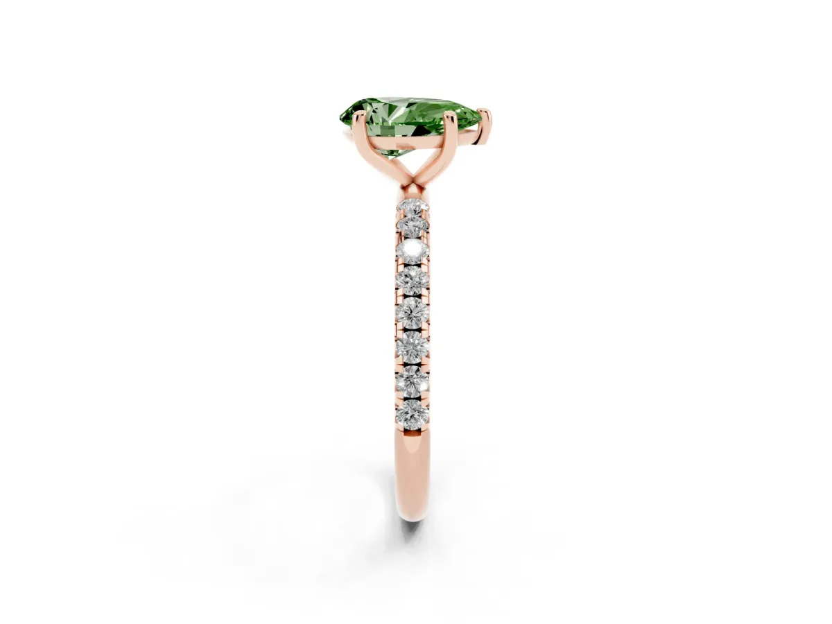Fancy Green Pear Cut Cut Diamond Solitaire Ring with Micro Pave Band and Four Prong Setting Rose gold
