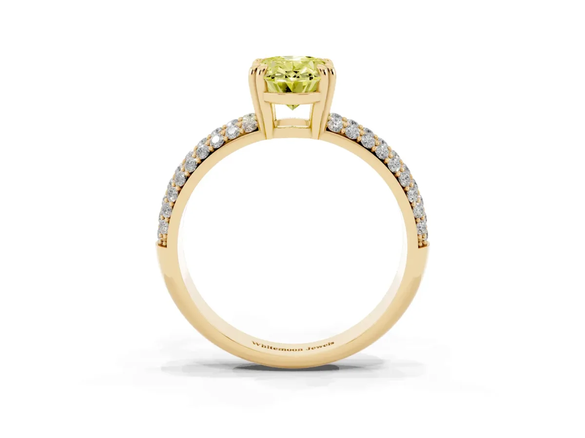 Fancy Yellow Oval Cut Diamond Solitaire Ring with Multi-Row Round Pavé Band and Prong Setting Yellow gold