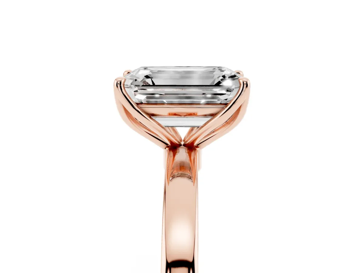 Emerald Cut Diamond Solitaire Ring with Thin Band and Prong Setting Rose gold
