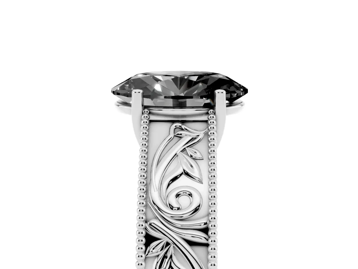 Fancy Black Oval Cut Diamond Solitaire Ring with Engraved Band and Four-Prong Setting Platinum