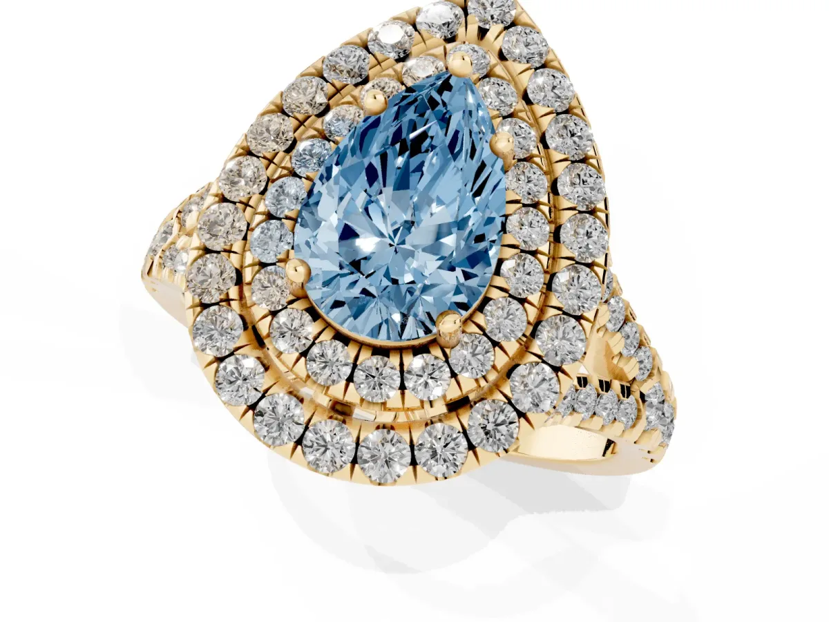 Fancy Blue Double Halo Pear Cut Diamond Pavé Split Shank Ring with Prong Setting Yellow gold