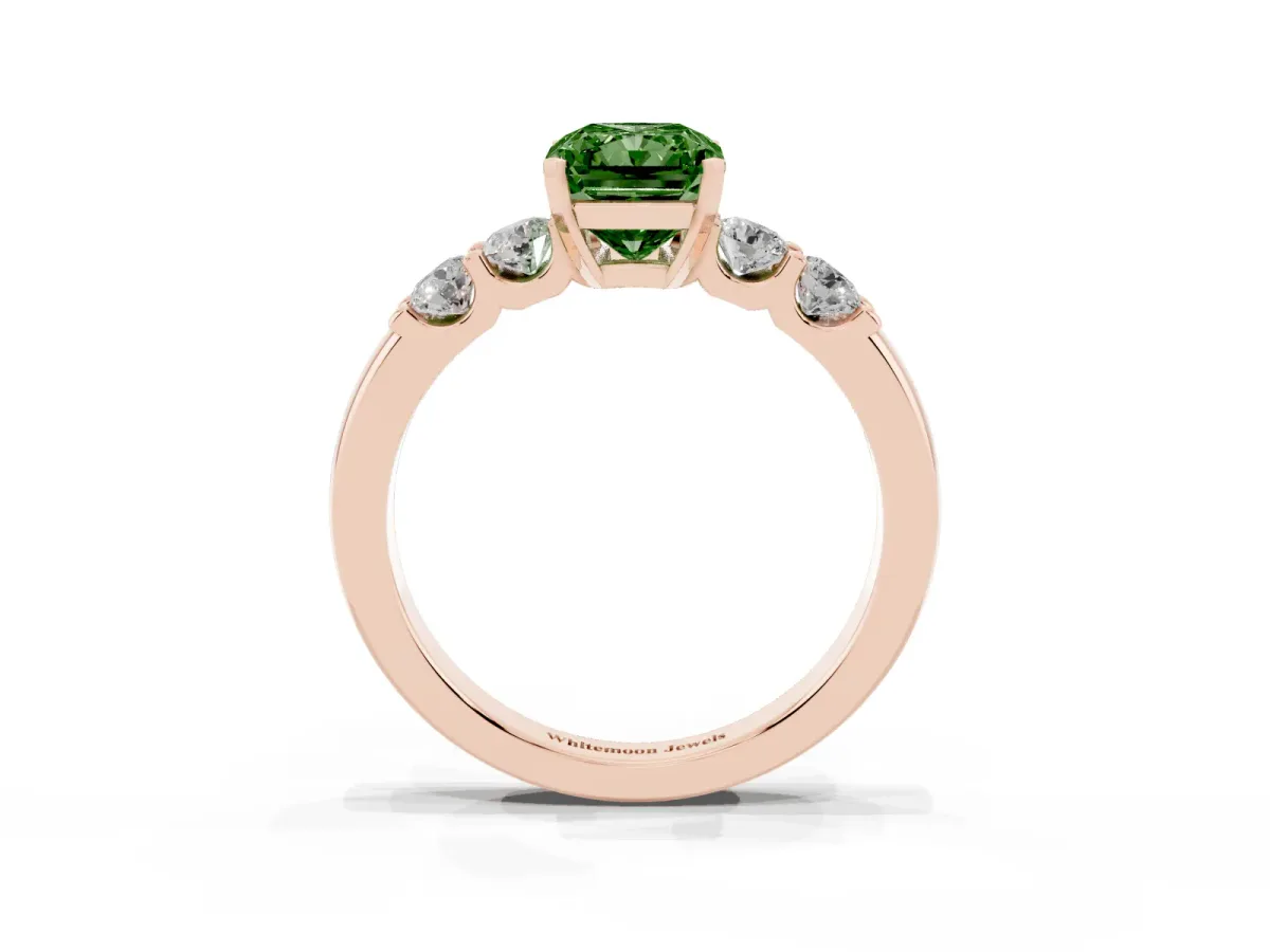 Fancy Green Radiant Cut Brilliant Cut Diamond Five-Stone Prong Set Engagement Ring with Channel Band Rose gold