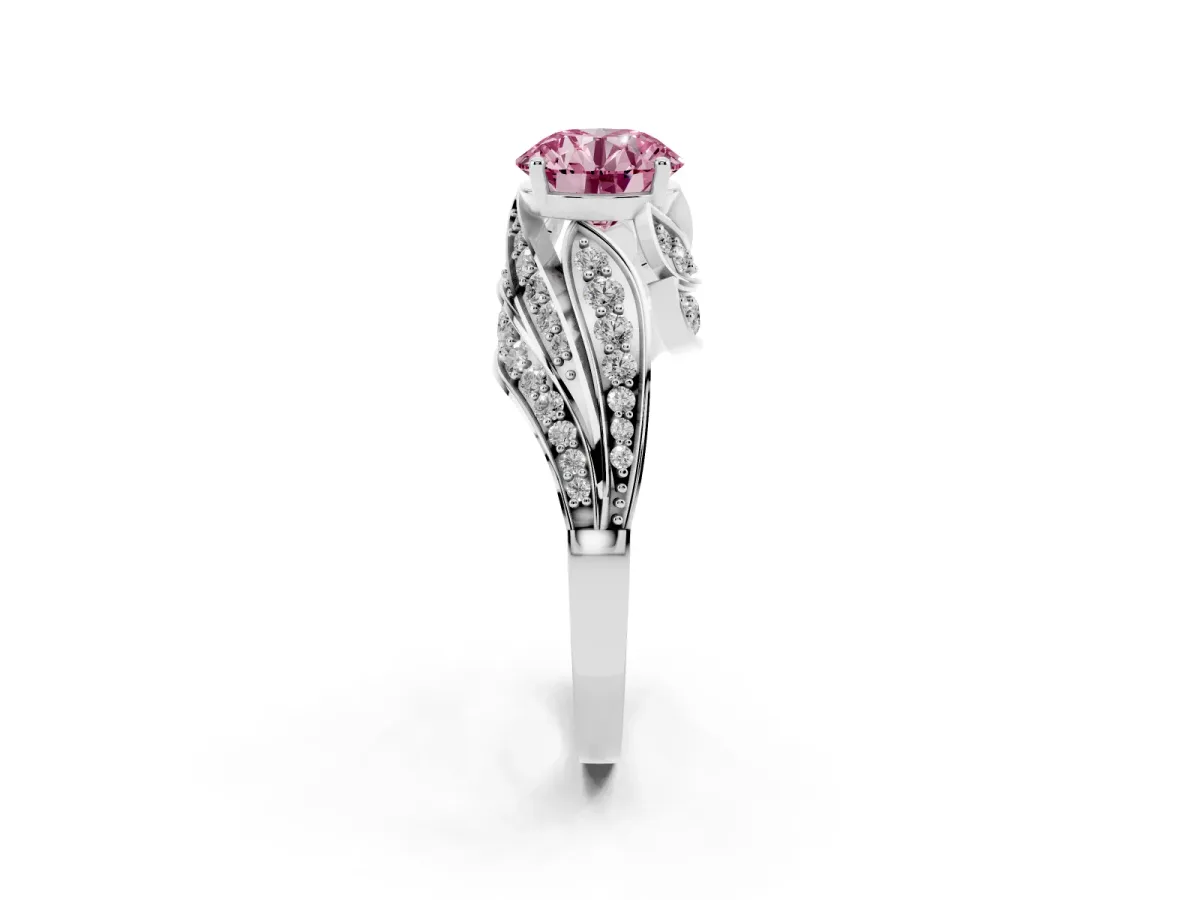 Fancy Pink Round Cut Diamond Solitaire Ring with Prong Setting and Twisted Pavé Band Silver