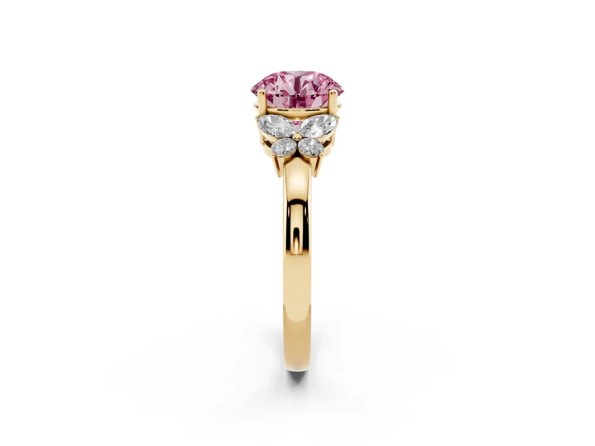Fancy Pink Round Cut Cut Solitaire Floral Diamond Ring with Four-Prong Setting Yellow gold