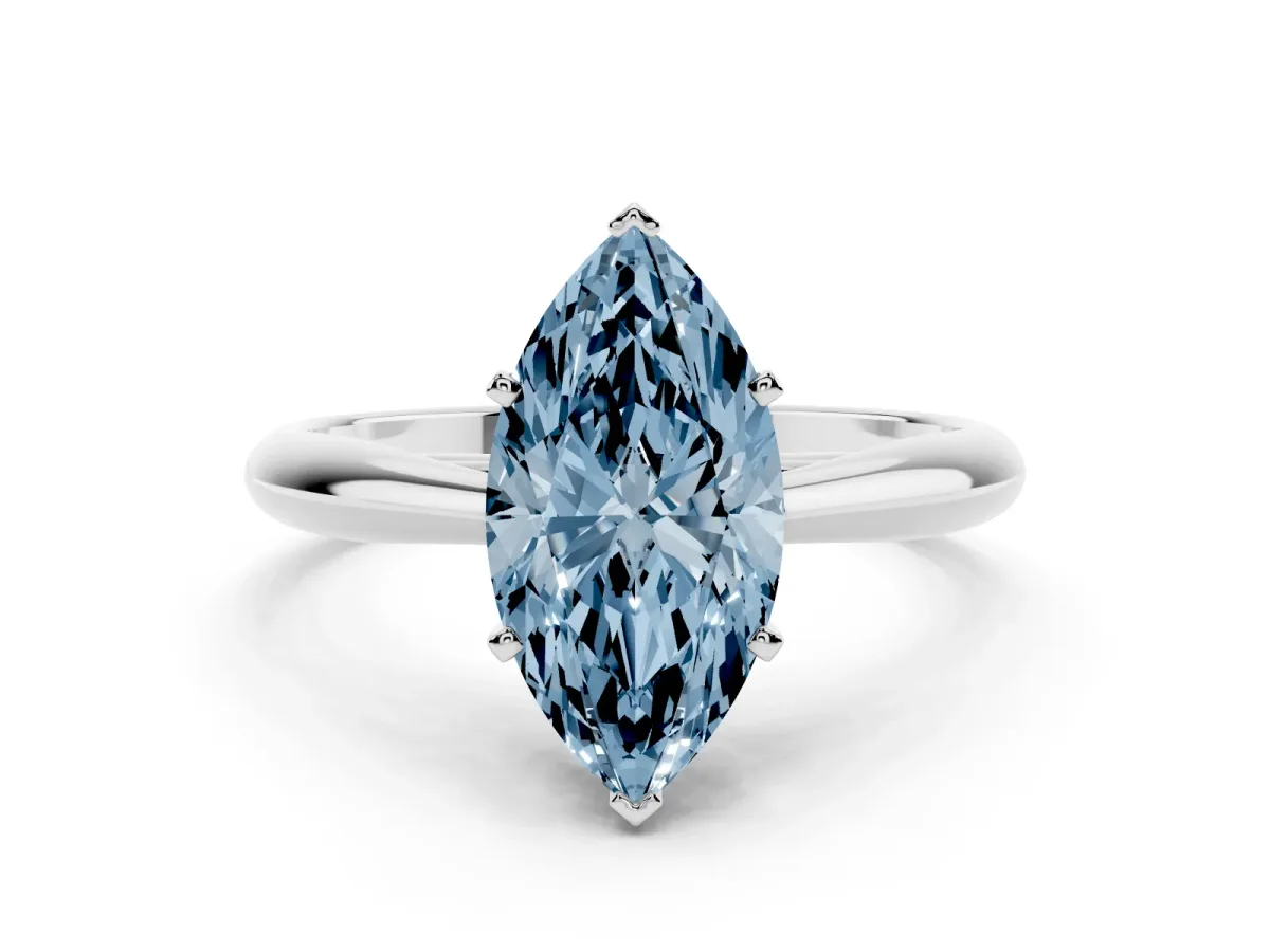 Fancy Blue Marquise Cut Diamond Solitaire Engagement Ring with Cathedral Setting and Four-Prong Mount White gold