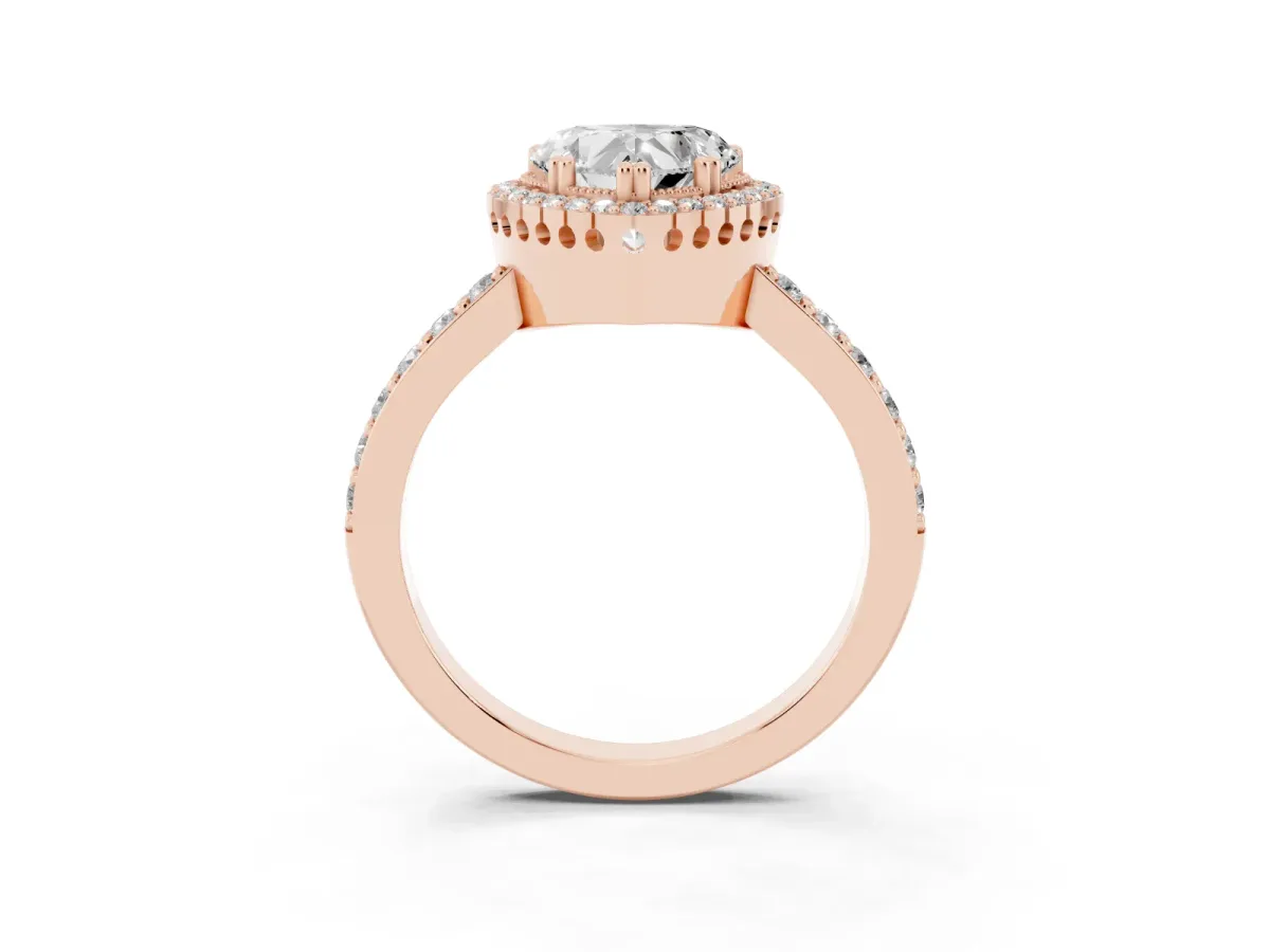 Heart Cut Cut Diamond Halo Engagement Ring with Milgrain Detail and Pavé Band Rose gold