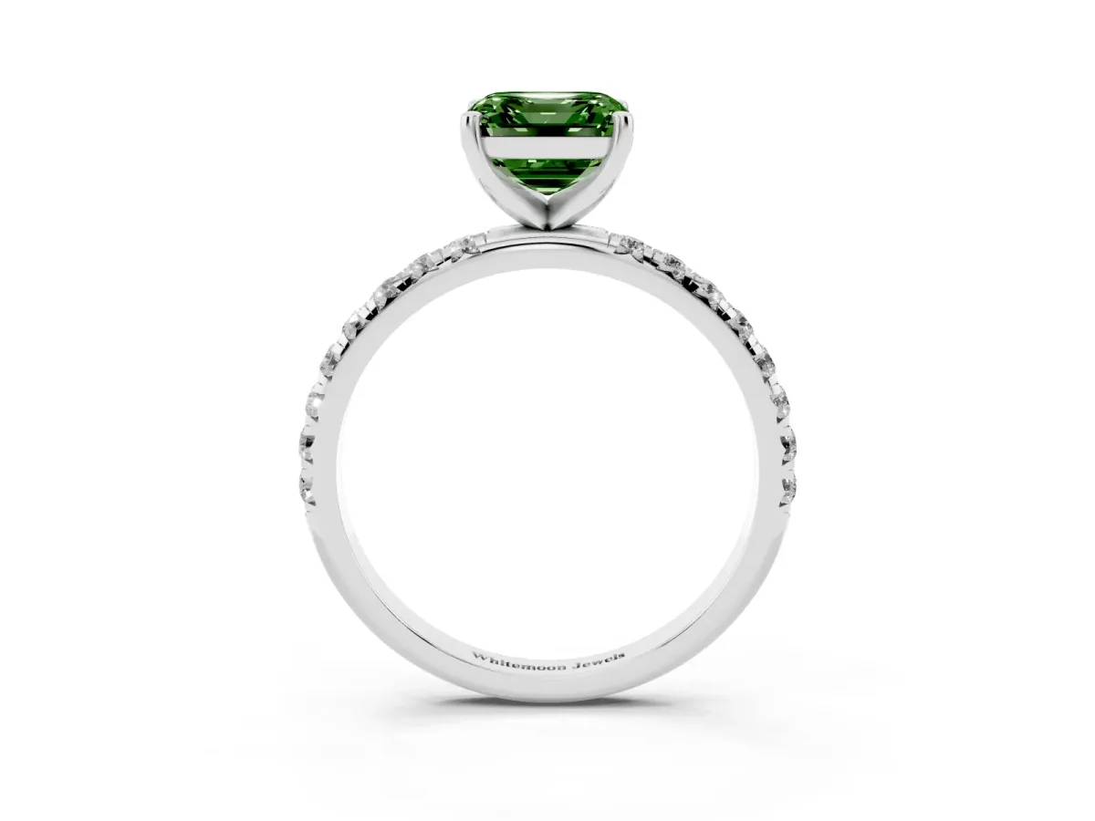 Fancy Green Asscher Cut Cut Diamond Solitaire Ring with Micro Pave Band and Four Prong Setting Platinum
