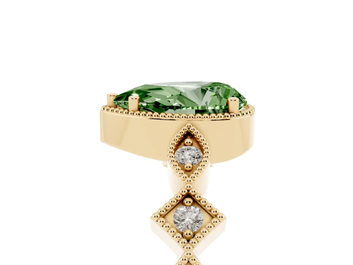 Fancy Green Pear Cut Milgrain Marquise Diamond Twist Band Ring Yellow gold
