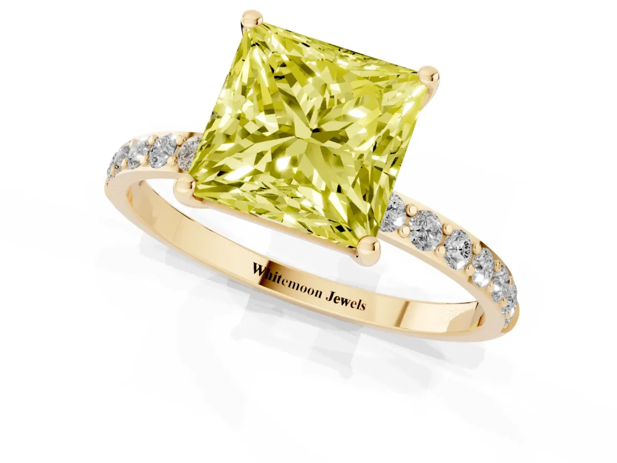Fancy Yellow Princess Cut Diamond Solitaire Ring with Round Pavé Shoulders and Prong Setting Yellow gold