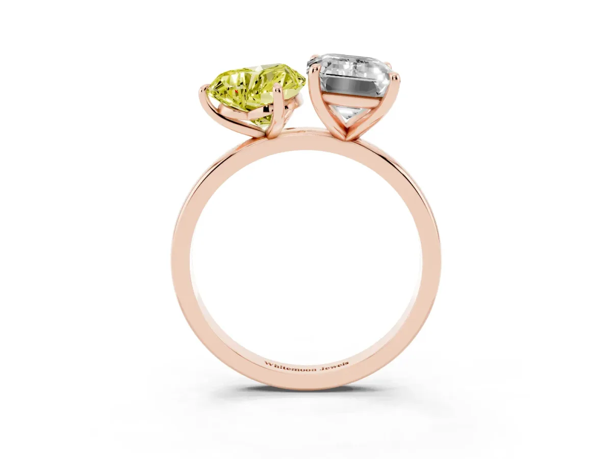 Fancy Yellow Heart Cut and Emerald Cut Toi Moi Ring with Prong Setting Rose gold