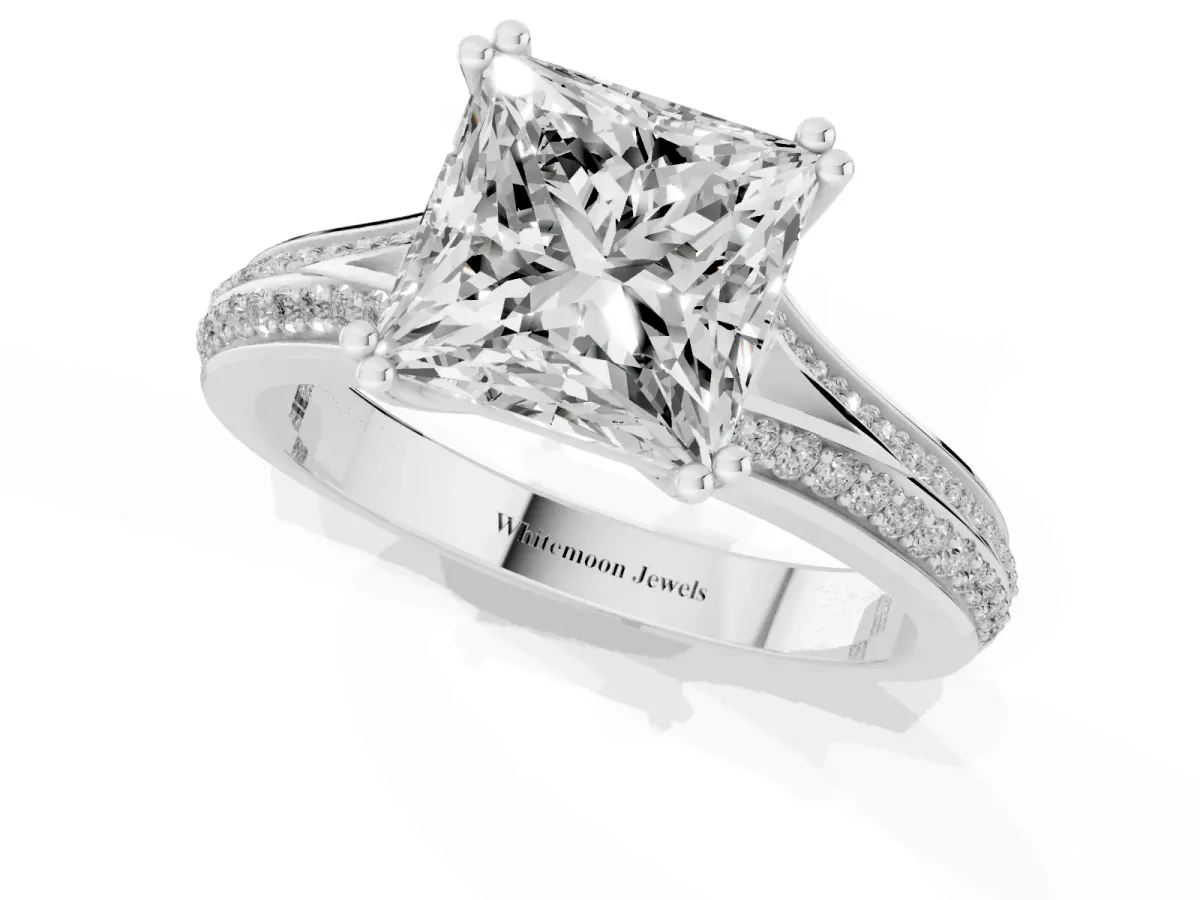 Princess Cut Diamond Split Shank Engagement Ring with Pavé Band White gold