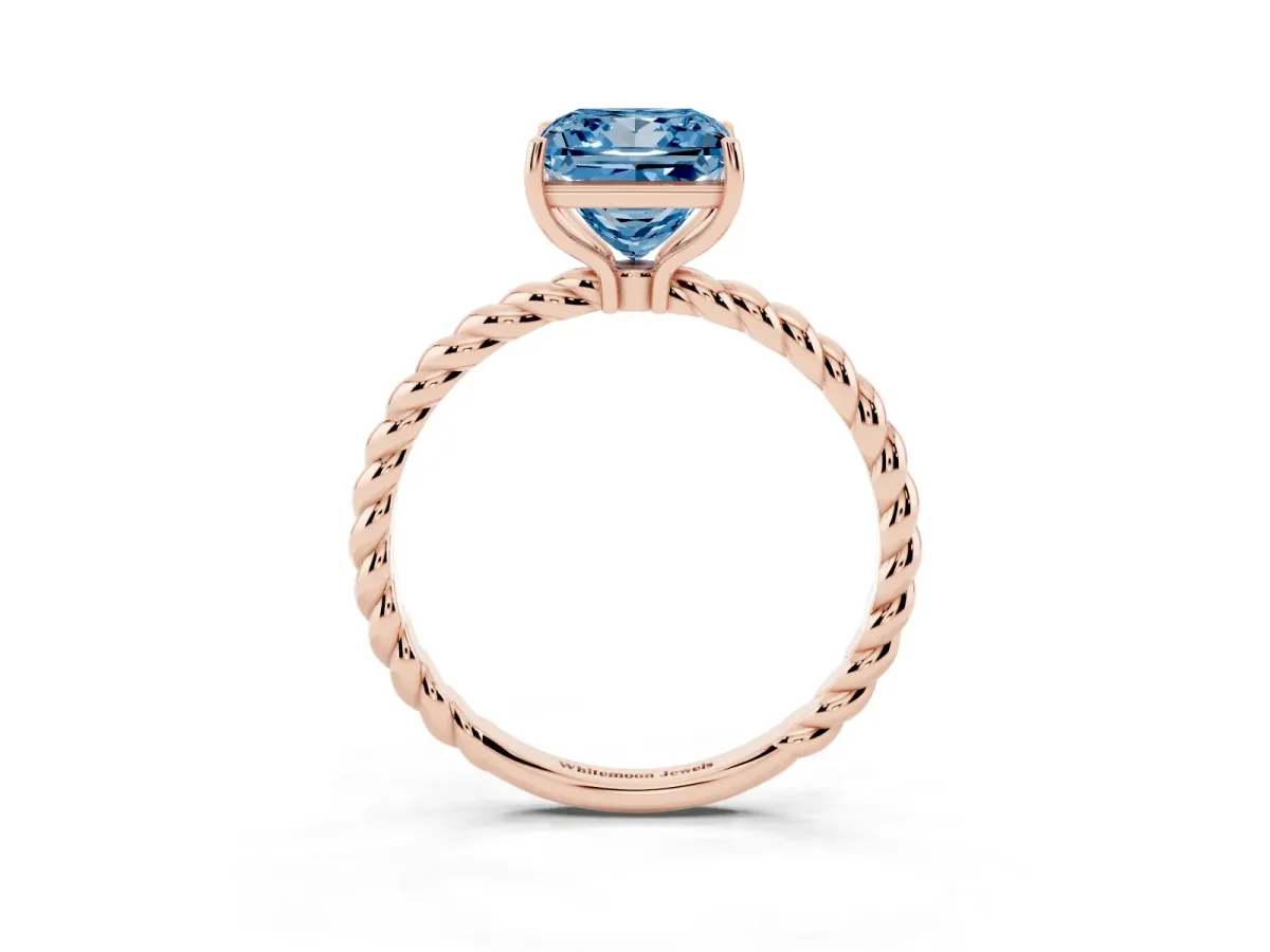 Fancy Blue Princess Cut Solitaire Twisted Band 4-Prong Ring Rose gold