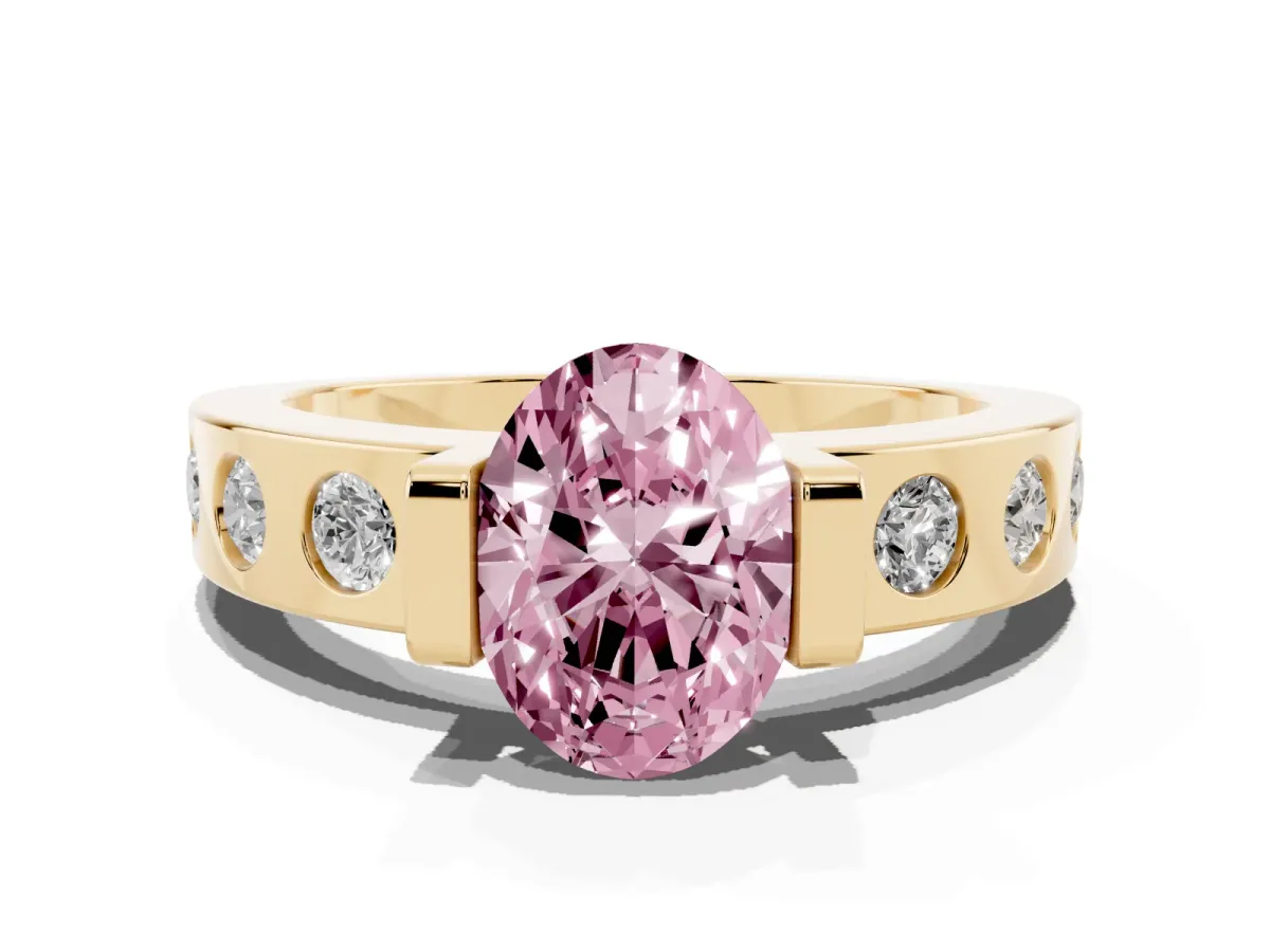 Fancy Pink Oval Cut Brilliant Channel-Set Diamond Ring with Bezel Prong Setting Yellow gold
