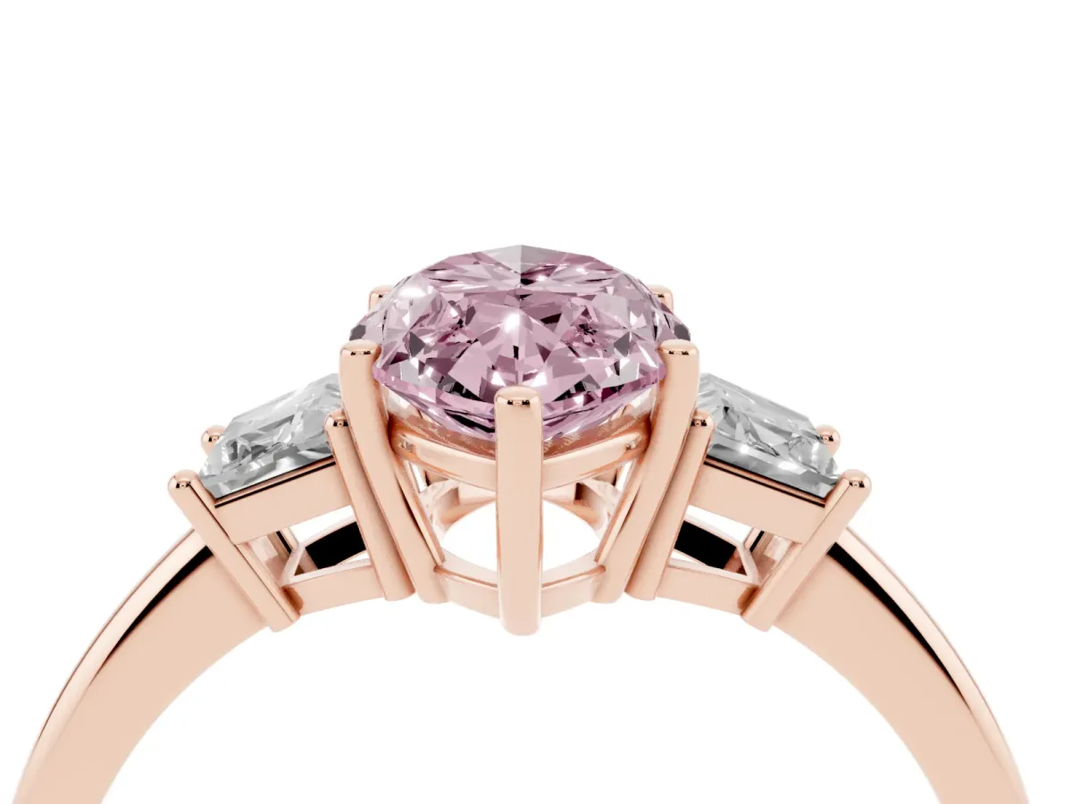 Fancy Pink Marquise Cut Diamond Three-Stone Ring with Trapezoid Side Stones and Prong Setting Rose gold