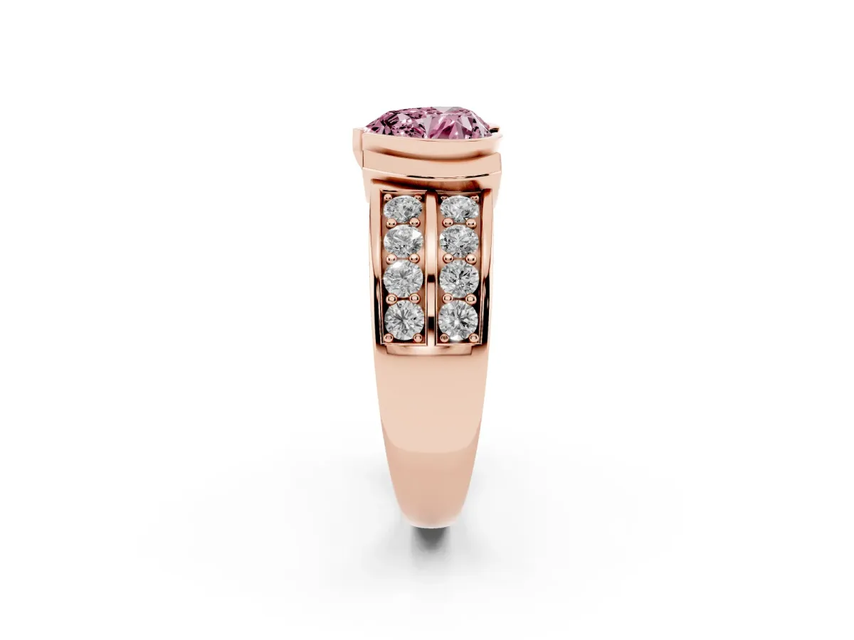Fancy Pink Heart Cut Brilliant Diamond Channel Set Wide Band Ring with Bezel Setting Rose gold