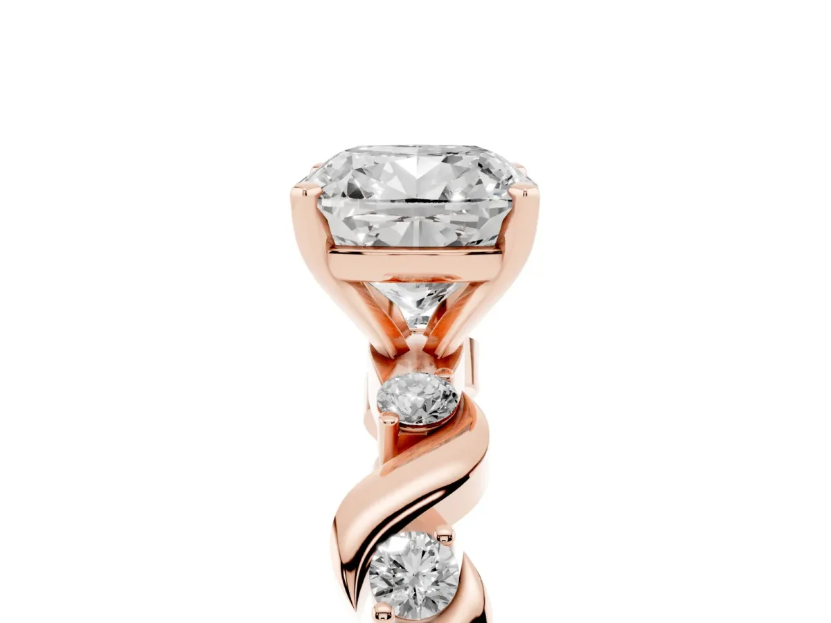 Cushion Cut Diamond Solitaire Twisted Band with Round Accents and Prong Setting Rose gold
