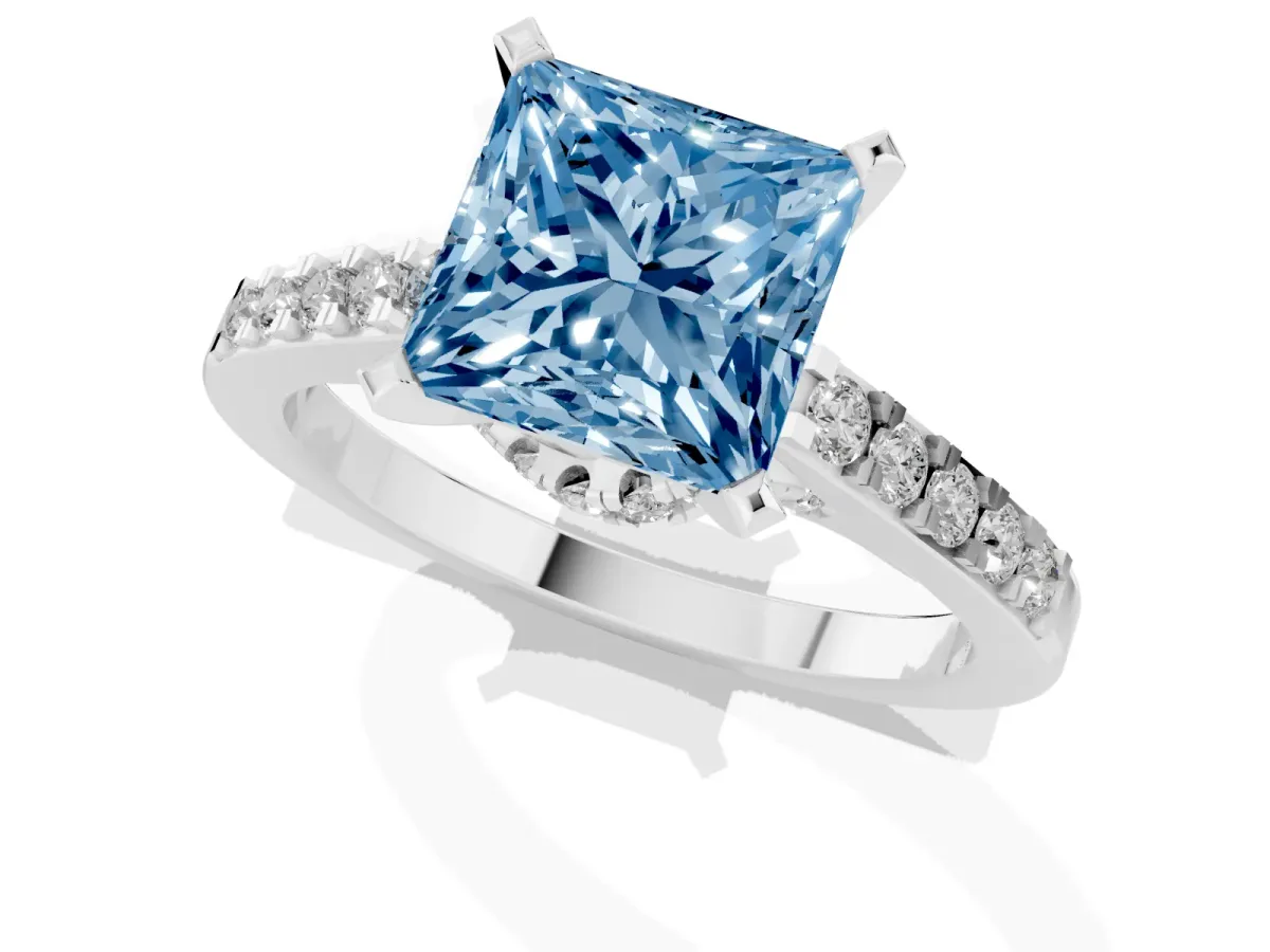 Fancy Blue Princess Cut Diamond Solitaire Ring with Crossover Gallery and Round Pavé Band Platinum
